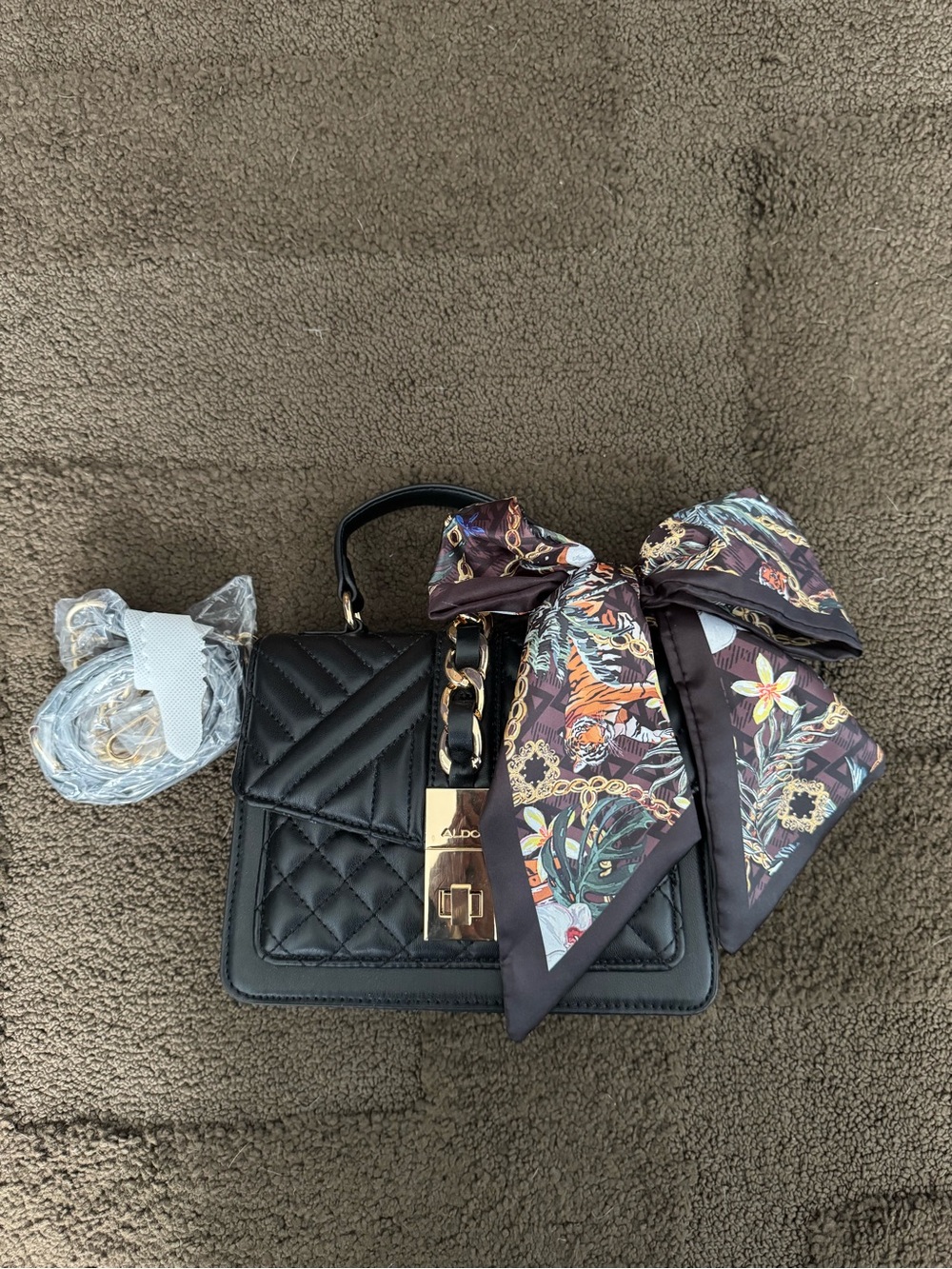 Aldo Black Quilted Satchel with Floral Scarf Accent